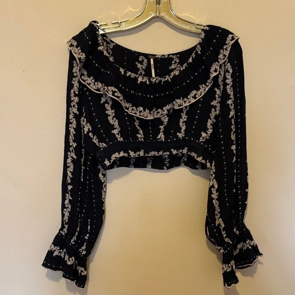 Free People Navy and White Ruffle Blouse